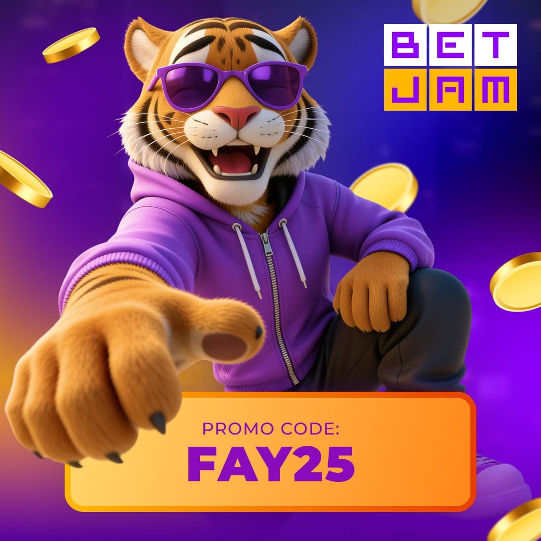Betjam ad: tiger pointing at you to register with promo code FAY25